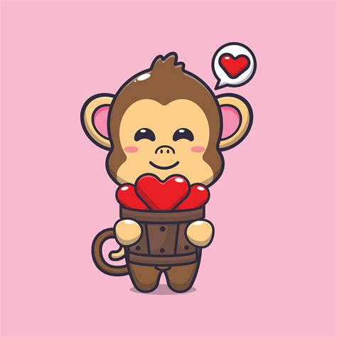 Lindo Personaje De Dibujos Animados De Mono Con Amor En Cubo De Madera