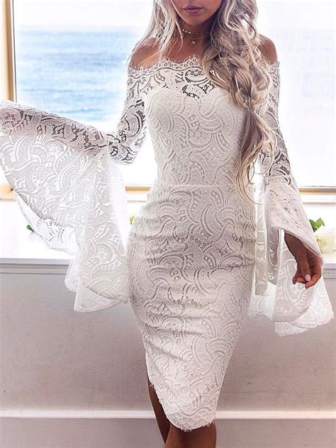 Lace Splicing Off Shoulder Flare Sleeve Bodycon Dress