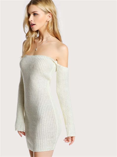 off shoulder long sleeve sweater dress white shein sheinside