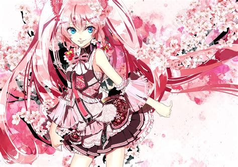 Alyssa718 Blue Eyes Flowers Hatsune Miku Long Hair Pink Hair Sakura Miku Skirt Vocaloid