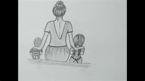 How To Draw A Mother And Her Babys By Pencil Sketch Mothers Day