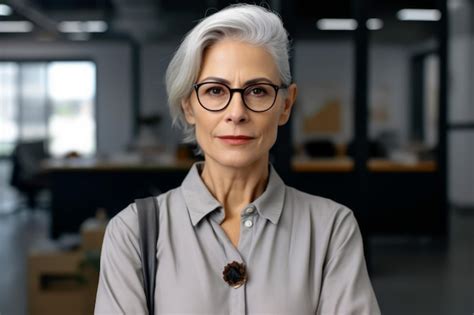 Premium Ai Image Older Woman Wearing Glasses And Gray Shirt With