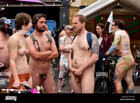 Participants In Bristol England World Naked Bike Ride During Stock