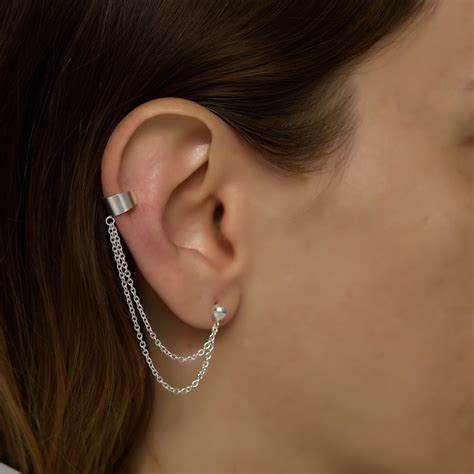 Silver Ear Cuff Earring Double Chain Double Chain Ear Cuff Etsy
