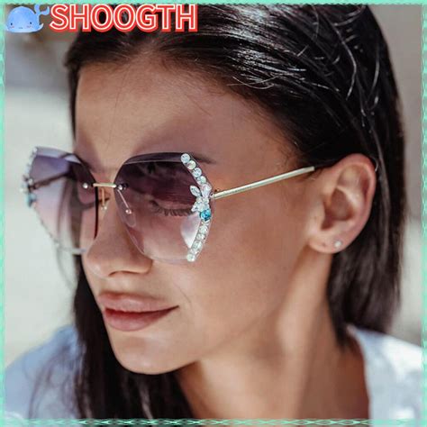 Shoogii Rhinestone Sunglasses New Fashion Rimless Eyewear Cutting Lens Gradient Sun Glasses