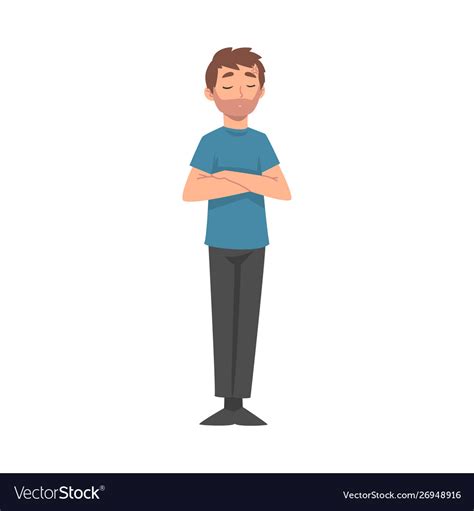 Young Man Standing With Folded Hands And Closed Vector Image