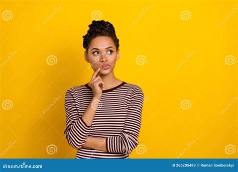 Portrait Of Minded Young Lady Finger Touch Chin Pouted Lips Look Empty Space Contemplate