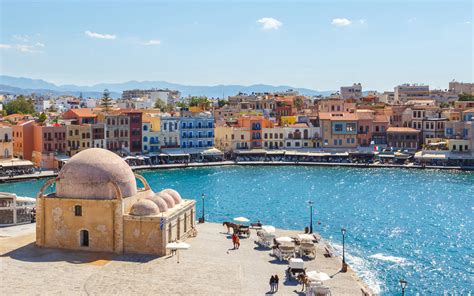 Colourful Venetian Port Of Chania In Crete Greece Reurope