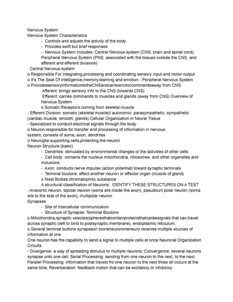 Anatomy final exam notes - Nervous System Nervous System