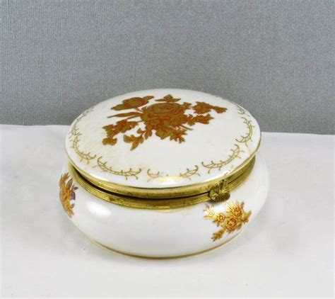 Hinged Trinket Jewelry Box Round Porcelain Gold Rose W Red Accent