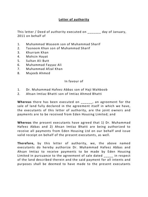 It is a document written to delegate authority or give official permission to perform a particular action on behalf of the authorizer. Letter of authority