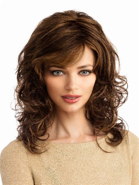 Monofilament Brown Long Wavy With Bangs Synthetic Wigs