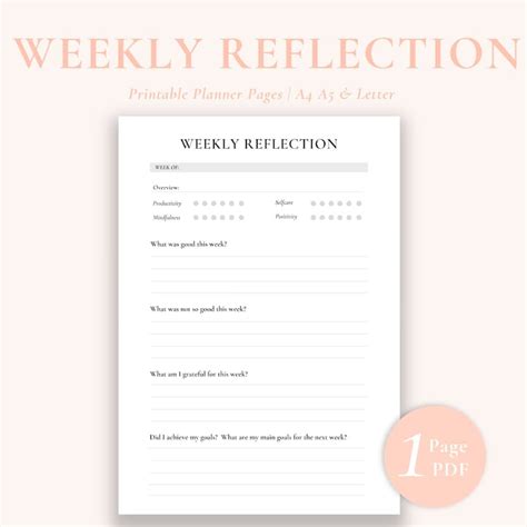 Weekly Reflection Worksheet Printable Planner Pages Life Etsy