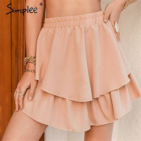 simplee pink cotton high waist mini skirt casual ruffled a line women short skirt solid summer