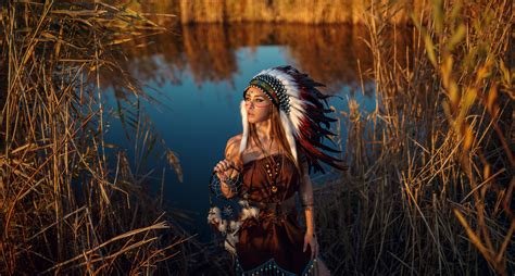 download feather depth of field dreamcatcher headdress redhead model woman native american hd