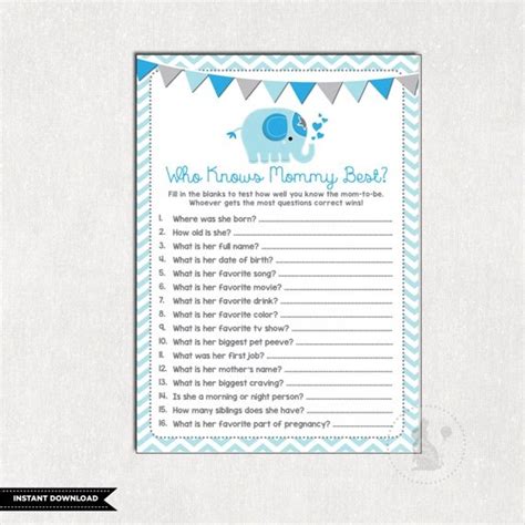 Who Knows Mommy Best Elephant Baby Shower Printable Game