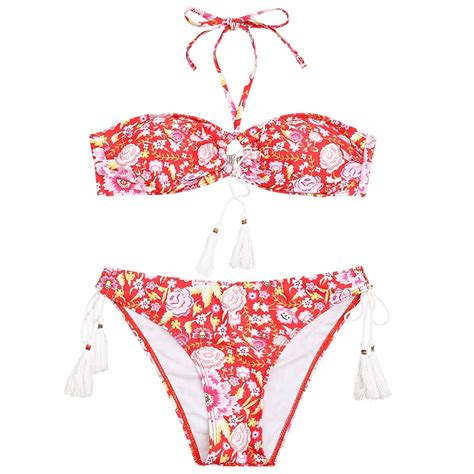 red floral printing halter bikini sexy bandeau brazilian bikini set 2018 tassel swimwear push up