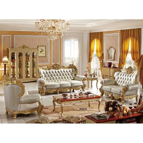 Foshan Royal Luxury Italy Living Room Furniture Sets Gold Leaf Sofa Set
