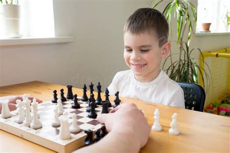 Smiling Preschool Boy Playing Chess Board Games Stock Image Image Of