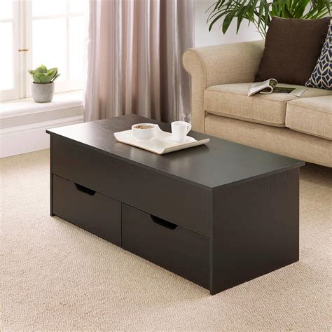 Black Wooden Coffee Table With Lift Up Top And 2 Large Storage Drawers