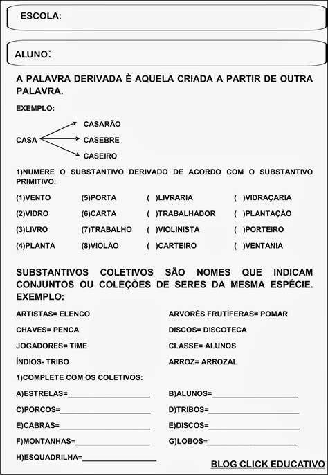 Atividades Substantivos Primitivos E Derivados 5o Ano