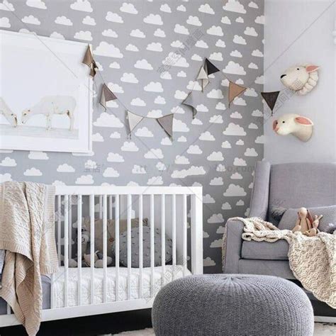 Hand Painted Clouds Wallpaper Wall Mural, Grey Backgroud Clouds Nursery