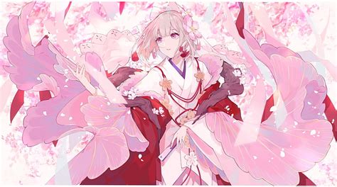 Anime Girl Kimono Cherry Blossom Short Hair Petals Anime Hd