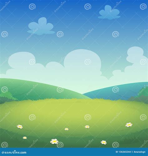 Spring Landscape With Fields And Green Hills Vector Illustration