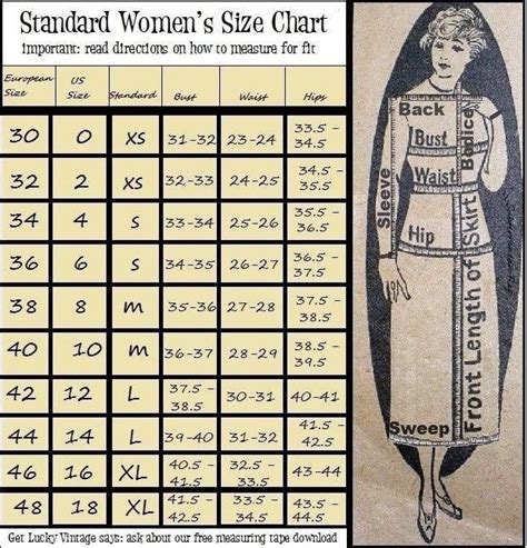 Standard Womens Size Chart For Buying Vintage At Get Lucky Vintage