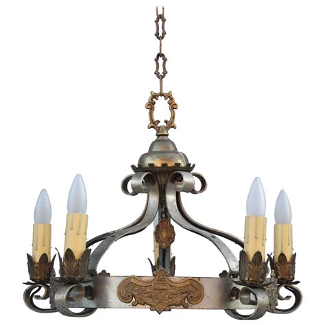 Spanish Revival Chandelier With Pewter And Gold Tone Details For Sale