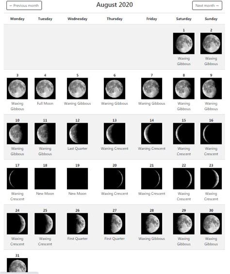 August 2020 Moon Phases Calendar Moon Phase Calendar Lunar Calendar