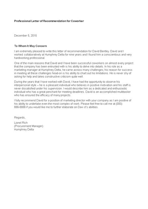 Letter Of Recommendation For Coworker Template Letter Images And