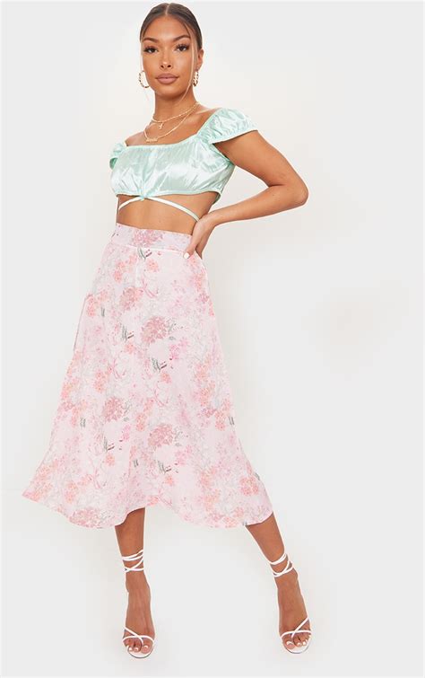 Pink Floral Floaty Midi Skirt Skirts Prettylittlething