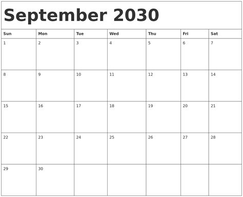 September 2030 Calendar Template