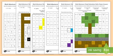 Block Adventurer Mixed Calculation Maths Mosaic Worksheets