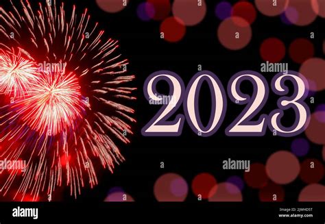 Happy New Year 2023 Festive Red Fireworks On Background Black Sky With