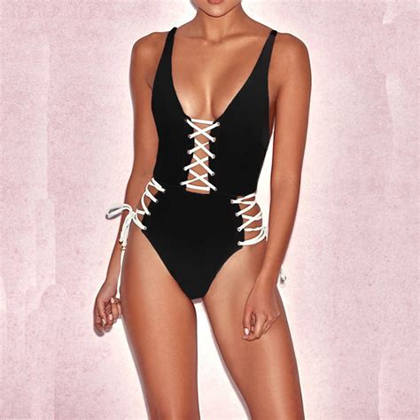 Sexy Women Deep V Neck Strap Bikini Laced Up Backless Rompers Summer