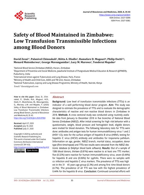 Pdf Safety Of Blood Maintained In Zimbabwe Low Transfusion