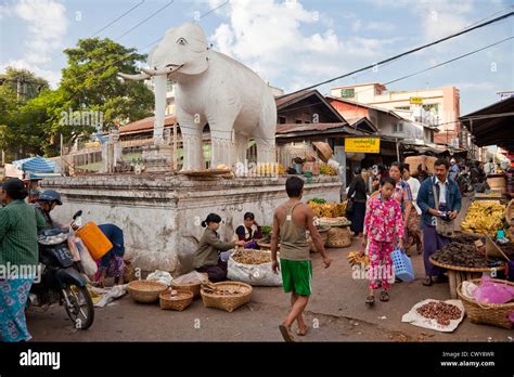 Myanmar Burma Mandalay Market Street Scene Neighborhood Shrine Stock