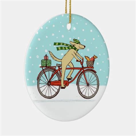 Cycling Dog And Squirrel Whimsical Winter Holiday Ceramic Ornament Zazzle