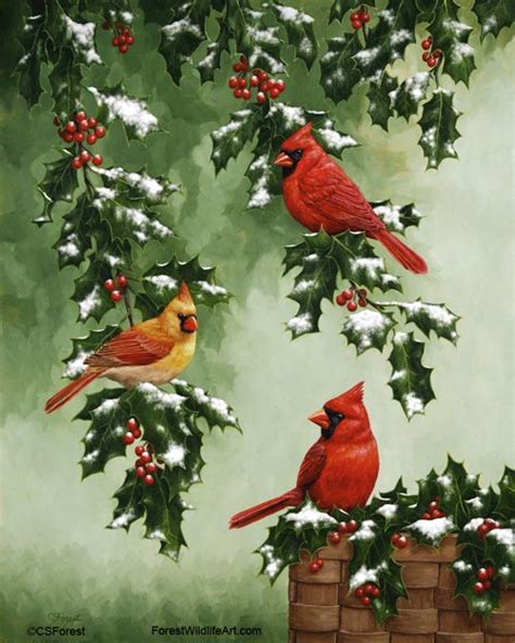 Northern Red Cardinals In A Holly Tree Original Bird Painting By Wildlife Artist Crista Forest
