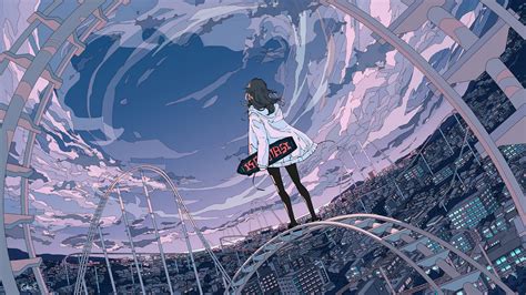 1280x720 Skyline Anime Girl Skateboard 5k 720p Hd 4k Wallpapers Images