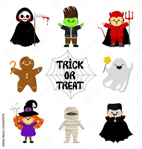 Cute Halloween Characters In Cartoon Style Set Trick Or Treat Vector