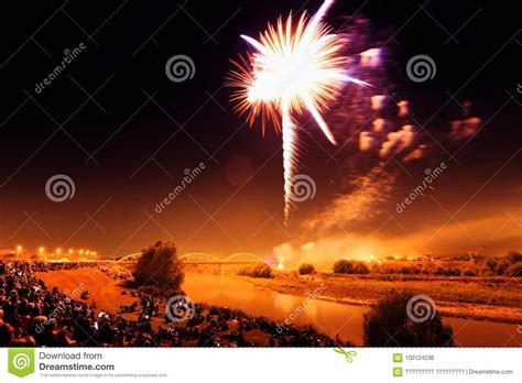 Festive Fireworks Multicolored Salute In The Night Sky Stock Photo