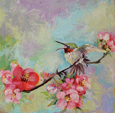Hummingbird In Cherry Tree Blossom Painting By Soos Roxana