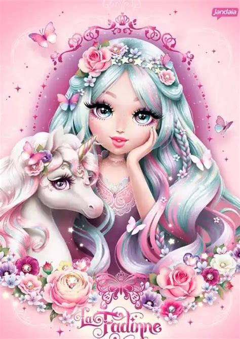 A Girl With Blue Hair And Pink Dress Next To A White Unicorn On A Pink Background