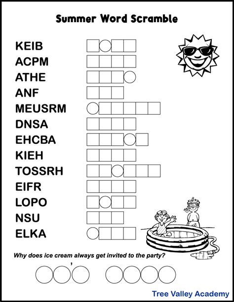 Printable Summer Word Scrambles For Kids Tree Valley Academy