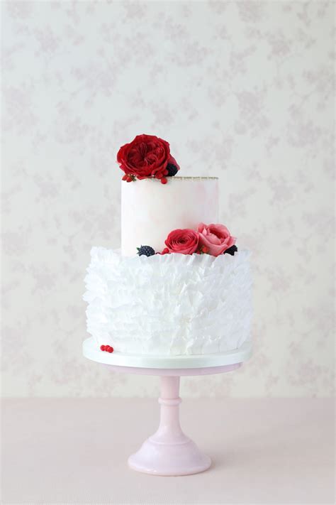 Two Tier Ruffle And Rose Wedding Cake Zoe Clark Cakes