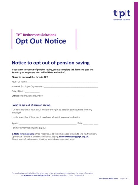 2019 Form Uk Tpt Retirement Solutions Opt Out Notice Fill Online