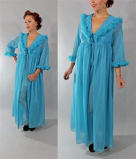 S Vintage Peignoir Set Blue Semi Sheer Nylon S Empire